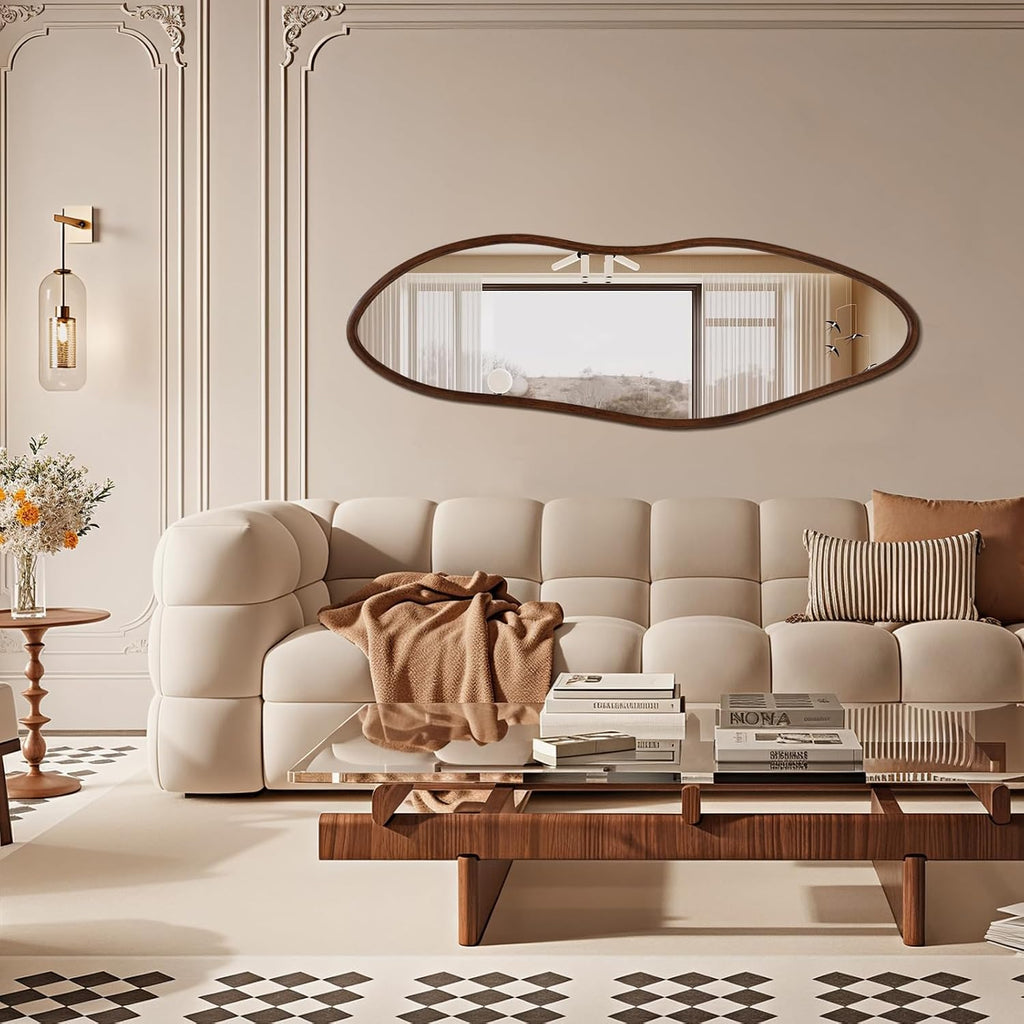 Irregular Full Length Mirror, 65"X22" Wooden Farmhouse Full Body Mirror, Large Asymmetrical Wall Mirrors For Living Room Entryway, Horizontal/Vertical, Walnut