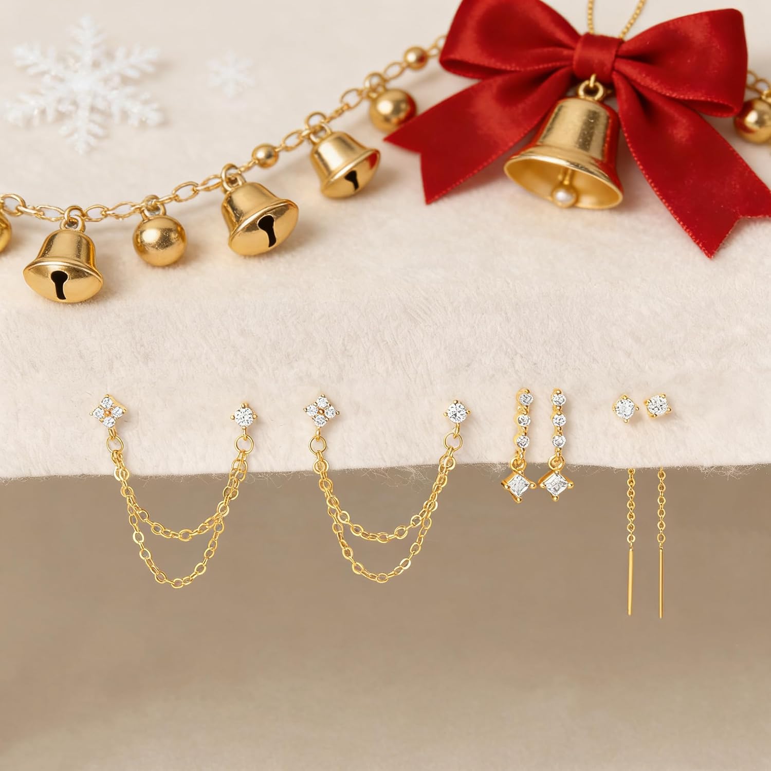 Moodear Dangle Earrings 3/4 Pairs Dainty 14K Gold Plated Earrings for Women Trendy Chain Earring Stacks Set Cubic Zirconia Drop Hoop Stud Hypoallergenic Earrings for Women Jewelry Gifts