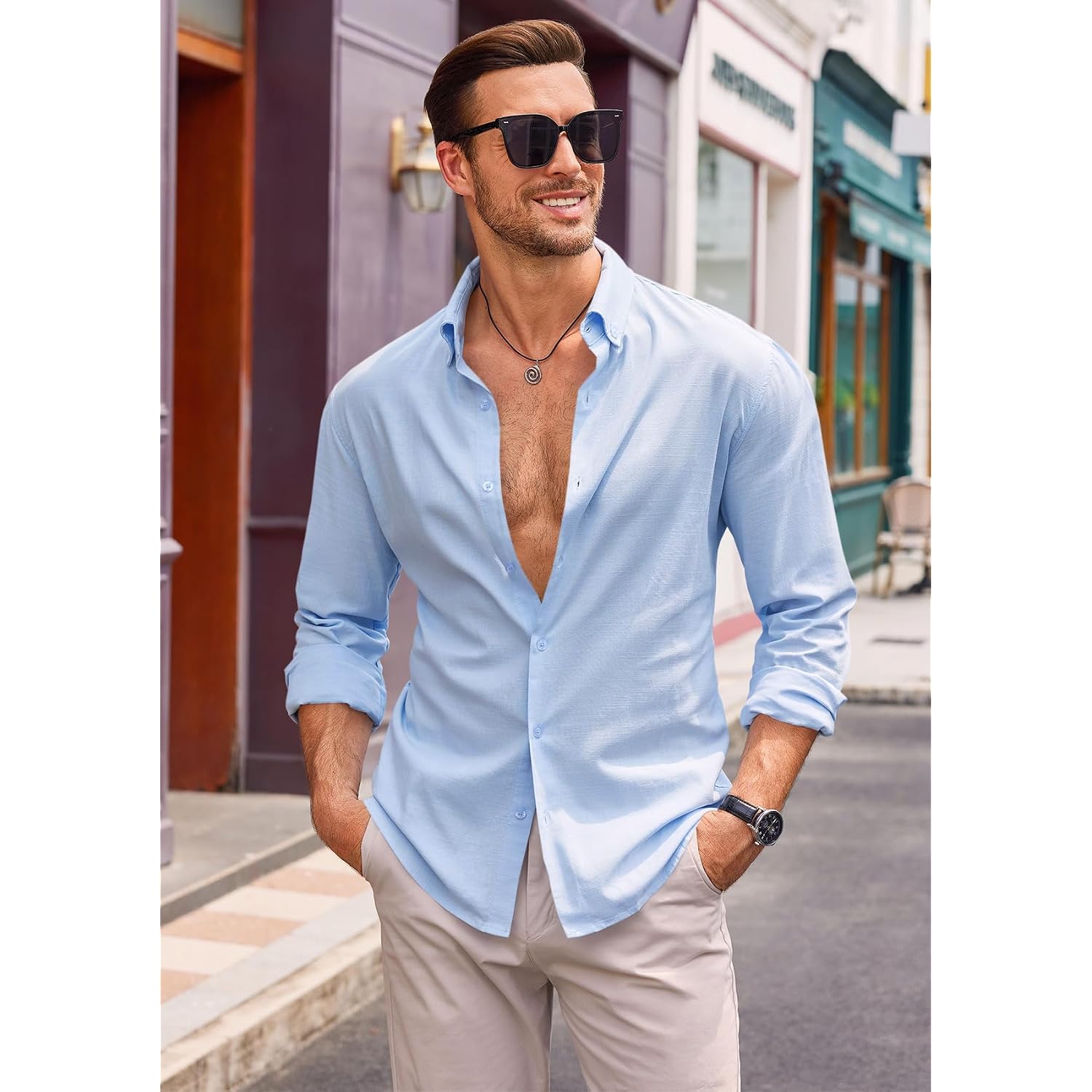 Runcati Mens Button Down Shirt Cotton Linen Casual Long Sleeve Shirts Collared Hippie Beach Tops