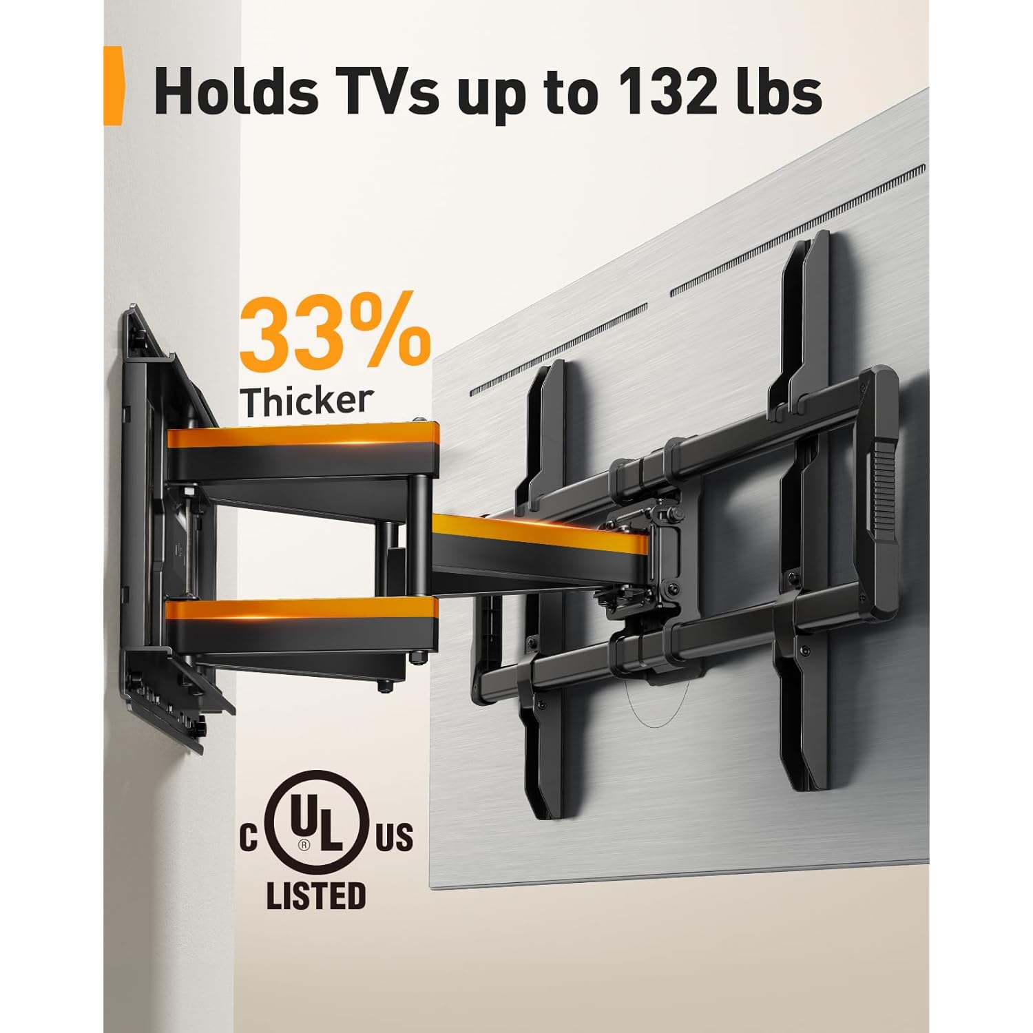 Perlegear UL-Listed Full Motion TV Wall Mount for 42–97 Inch Flat Curved TVs up to 132 lbs, 12″/16″ Wood Studs, TV Mount Bracket with Tool-Free Tilt, Swivel, Extension, Max VESA 600 x 400mm, PGLF15