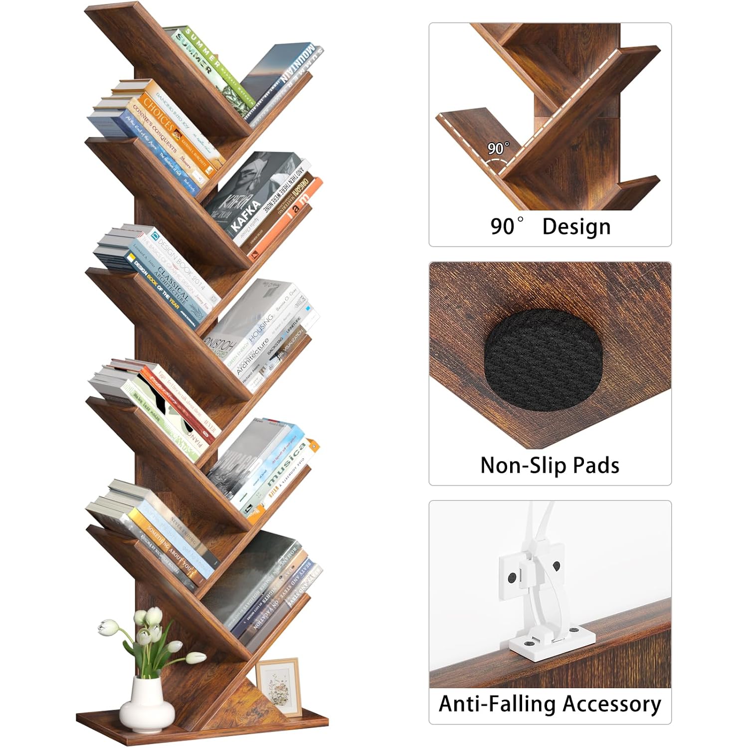 10 Tier Tree Book Shelf, Floor Standing Wood Bookshelf For Narrow Space, Storage Organizer Bookshelves For Books/Cds/Magazine, Bookcase With Shelves For Home Office, Living Room - Brown