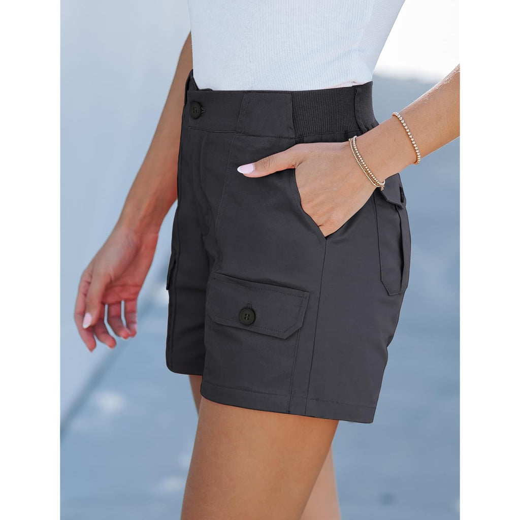 Cargo Shorts for Women Casual Summer High Waisted Chino Shorts Ribbed Elastic Waist Utility Pockets Comfy Shorts