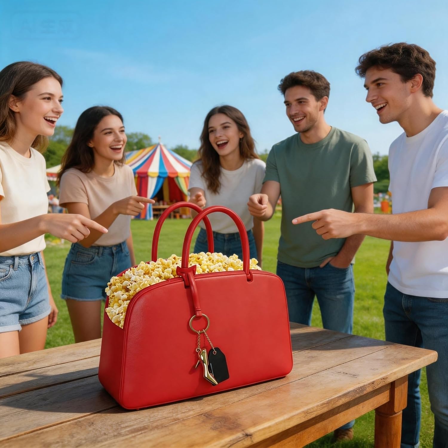 Leather Red Popcorn Bag, Fashion Handbag Style Top Handle Snack Container, for Party, Pool, Travel