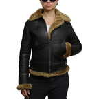 Brandslock Women'S Genuine Sheepskin Leather Flying Aviator Winter Jacket With Hood