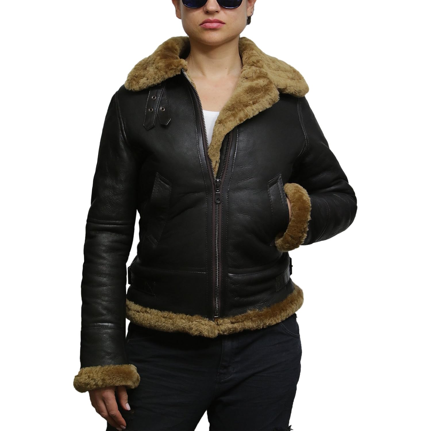 Brandslock Women'S Genuine Sheepskin Leather Flying Aviator Winter Jacket With Hood
