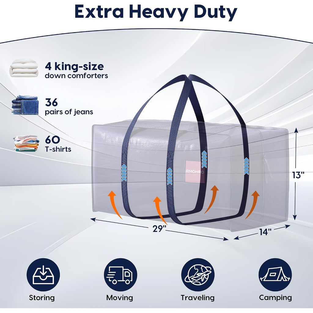 6 Pack Moving Bags Heavy Duty 210Gsm With Full-Open Side Zipper, 93L 220Lbs Waterproof Foldable Storage Totes For College Dorm Move-In, Moving Boxes Alternative & Home Organization, Blue