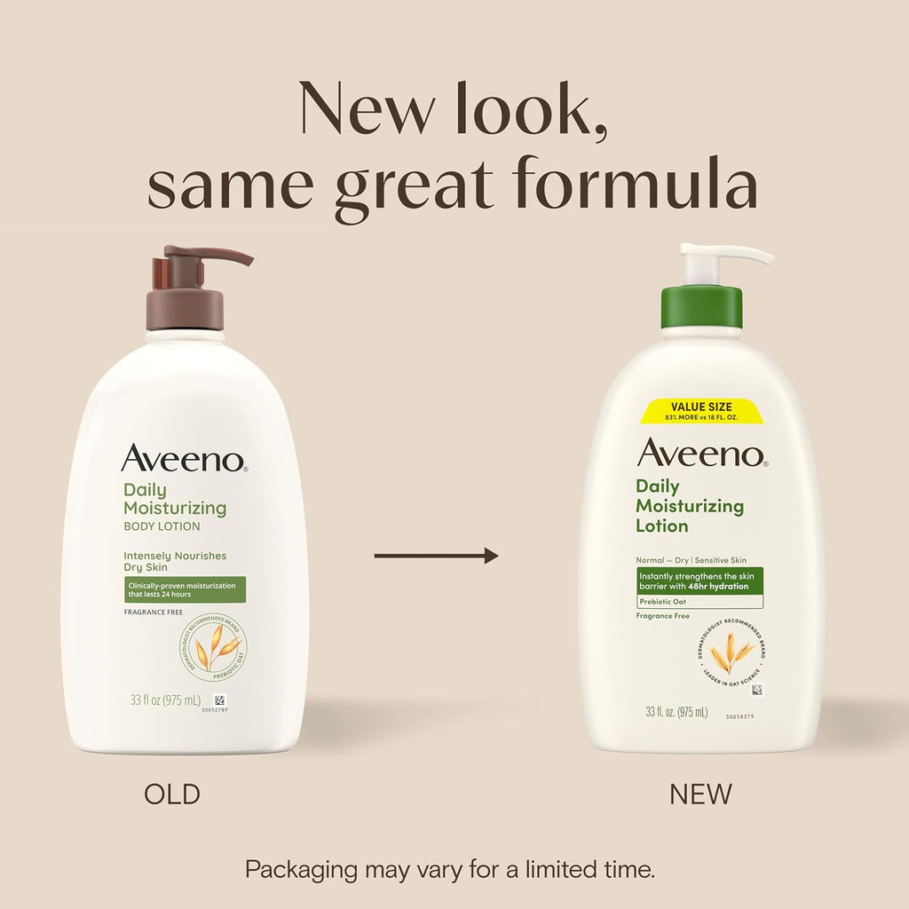 Aveeno Daily Moisturizing Body Lotion For Normal To Dry Skin, Moisturizer With Soothing Prebiotic Oat, Non Greasy, Non Comedogenic, Fragrance Free Body Lotion For Women & Men, 18 Fl Oz