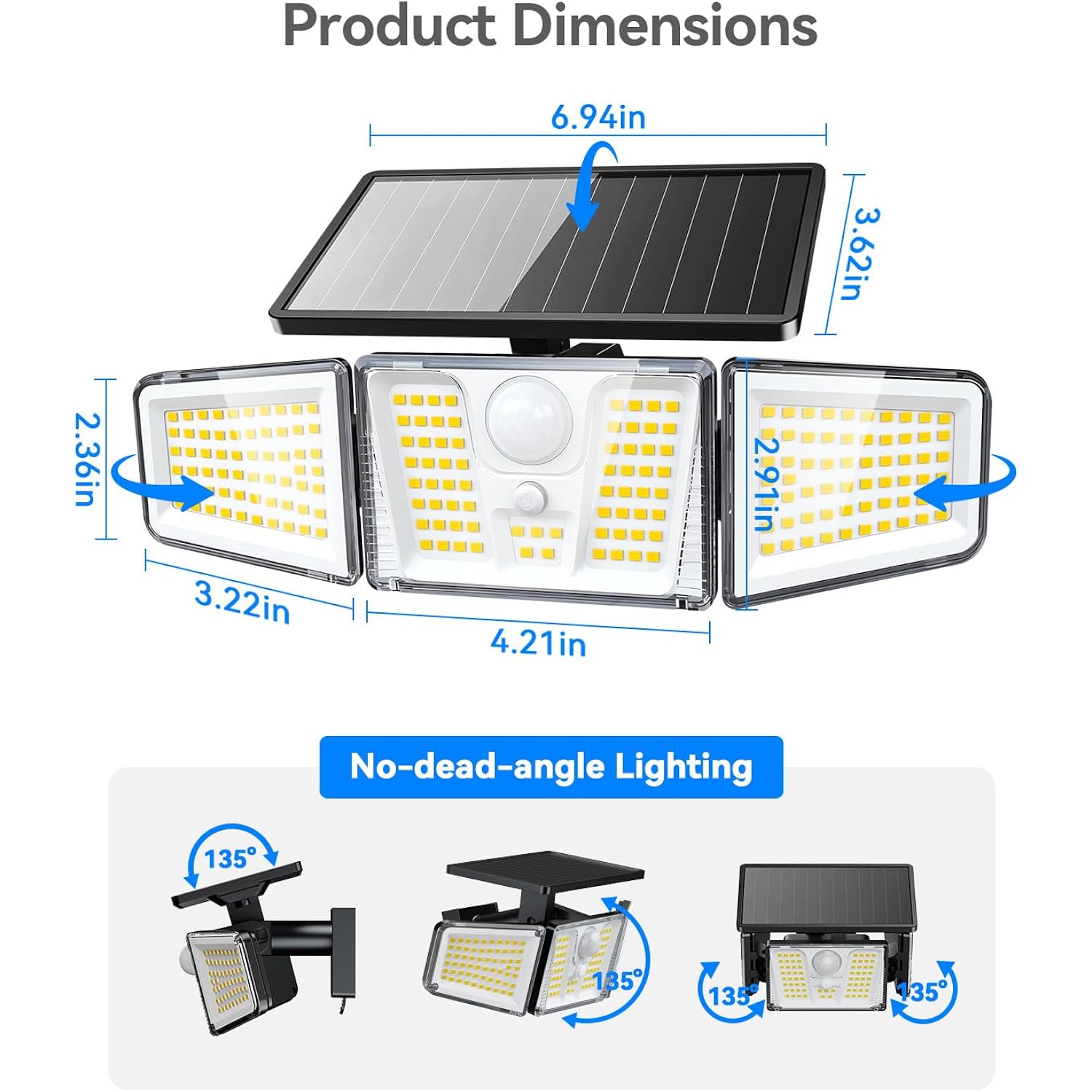 Kooper Solar Flood Lights, 210 Led Motion Sensor Outdoor Lights, Solar Motion Lights Outdoor Waterproof, 3 Heads 300° Wide Angle Outdoor Security Lights For Yard Patio Garage Entryways, 2 Pack, Black