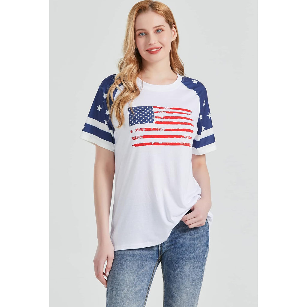 Patriotic Shirts for Women 4th of July T Shirts American Flag Graphic Tees Tops Raglan Short Sleeve Fourth of July Outfits