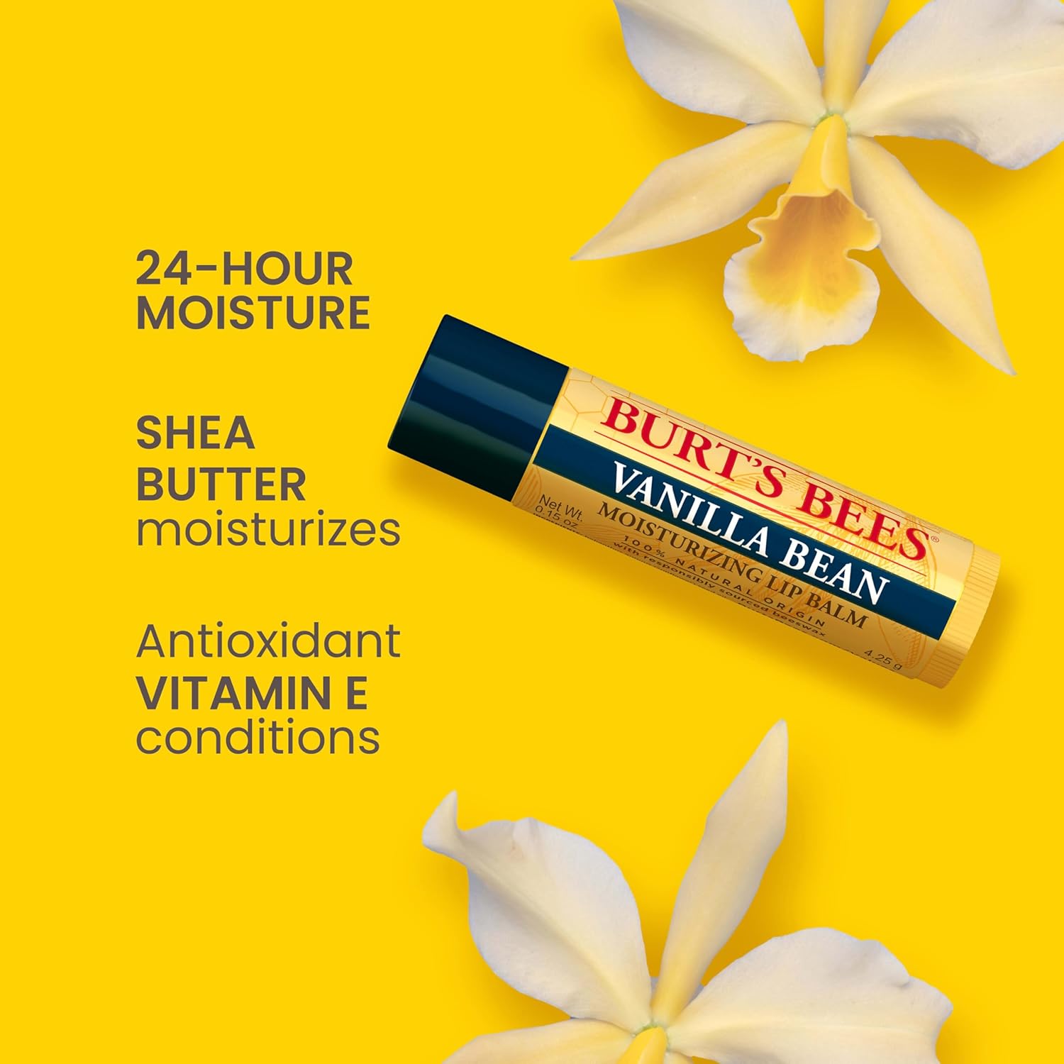Burt's Bees Vanilla Bean Moisturizing Lip Balm, 100% Natural Origin, Mother's Day Gift, 2 Tubes, 0.15 oz