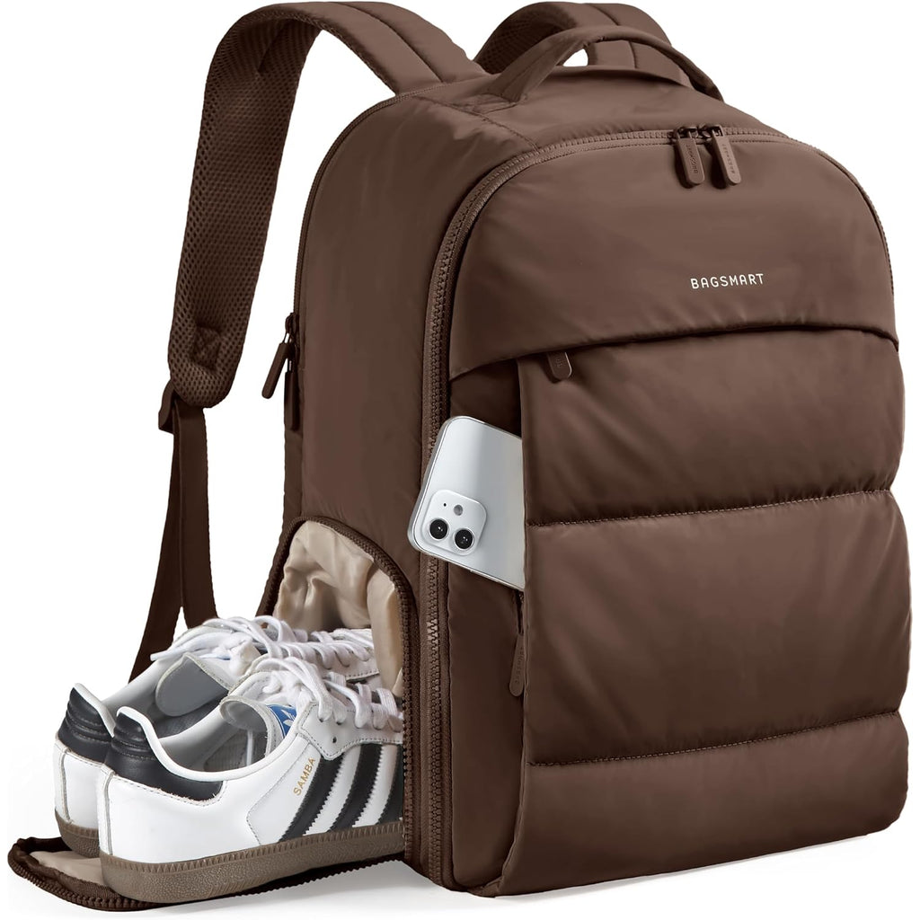 Bagsmart 30L Travel Backpack For Women, Carry On Backpack For Airplanes, Gym Backpack With Shoe Compartment, Lightweight Travel Bag Fits 15.6 Inch, Water-Resistant, Chocolate