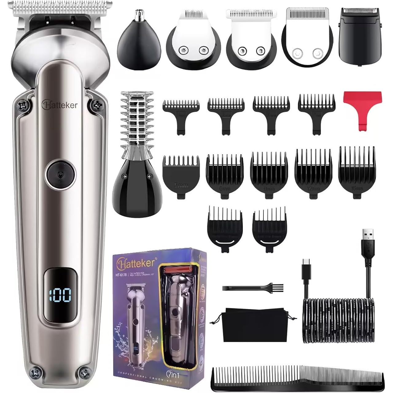 Hatteker Beard Trimmer For Men, Waterproof Hair Trimmer Electric Razor, Cordless Hair Clippers Shavers For Men, Shaving Kit For Nose Mustache Body Facial, Beard Grooming Kit 7 In 1