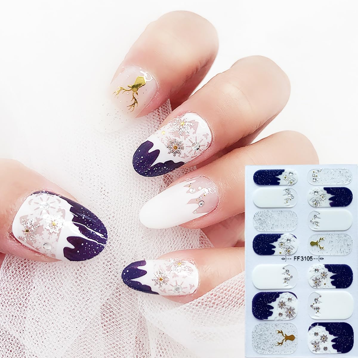 4 Sheets Christmas Gel Nail Stickers Snowflake Xmas Trees Nail Wraps Sticker with 3D Rhinestones Design Gilding Reindeer Nail Polish Strips Self-Adhesive Glitter Winter Full Wrap Nails Strip for Women