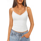 Womens Lace Tank Tops Ribbed V Neck Adjustable Spaghetti Straps Sleeveless Shirts Y2K Fitted Summer Basic Cami Tops