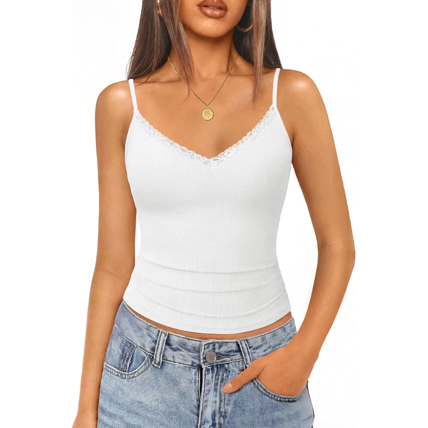 Womens Lace Tank Tops Ribbed V Neck Adjustable Spaghetti Straps Sleeveless Shirts Y2K Fitted Summer Basic Cami Tops