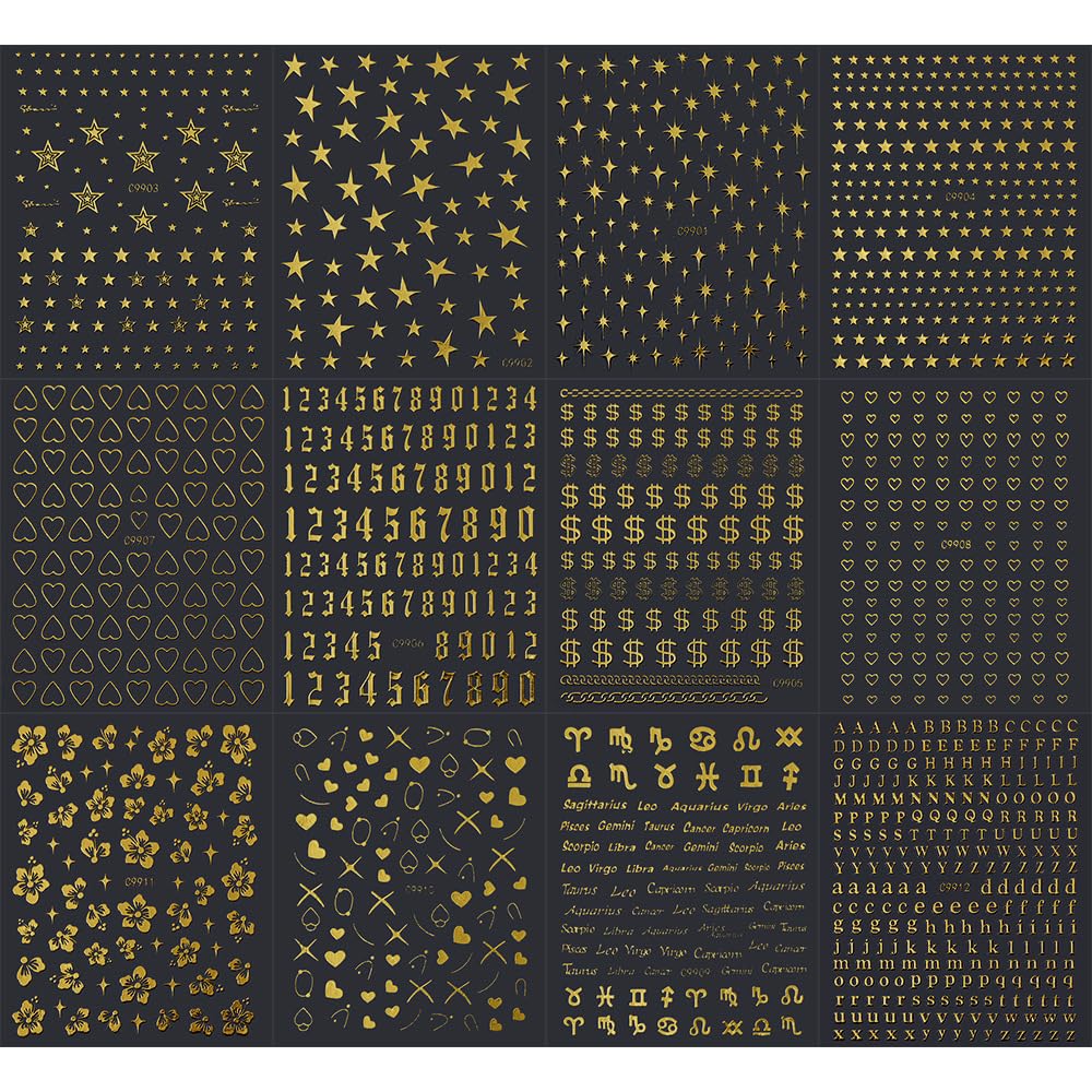 12 Sheets Gold Star Nail Art Stickers 3D Self Adhesive Flower Heart Letter Number Nail Decals Gold Metal Star Nail Art Supplies Manicure Decorations for Women Acrylic Nails DIY Accessories