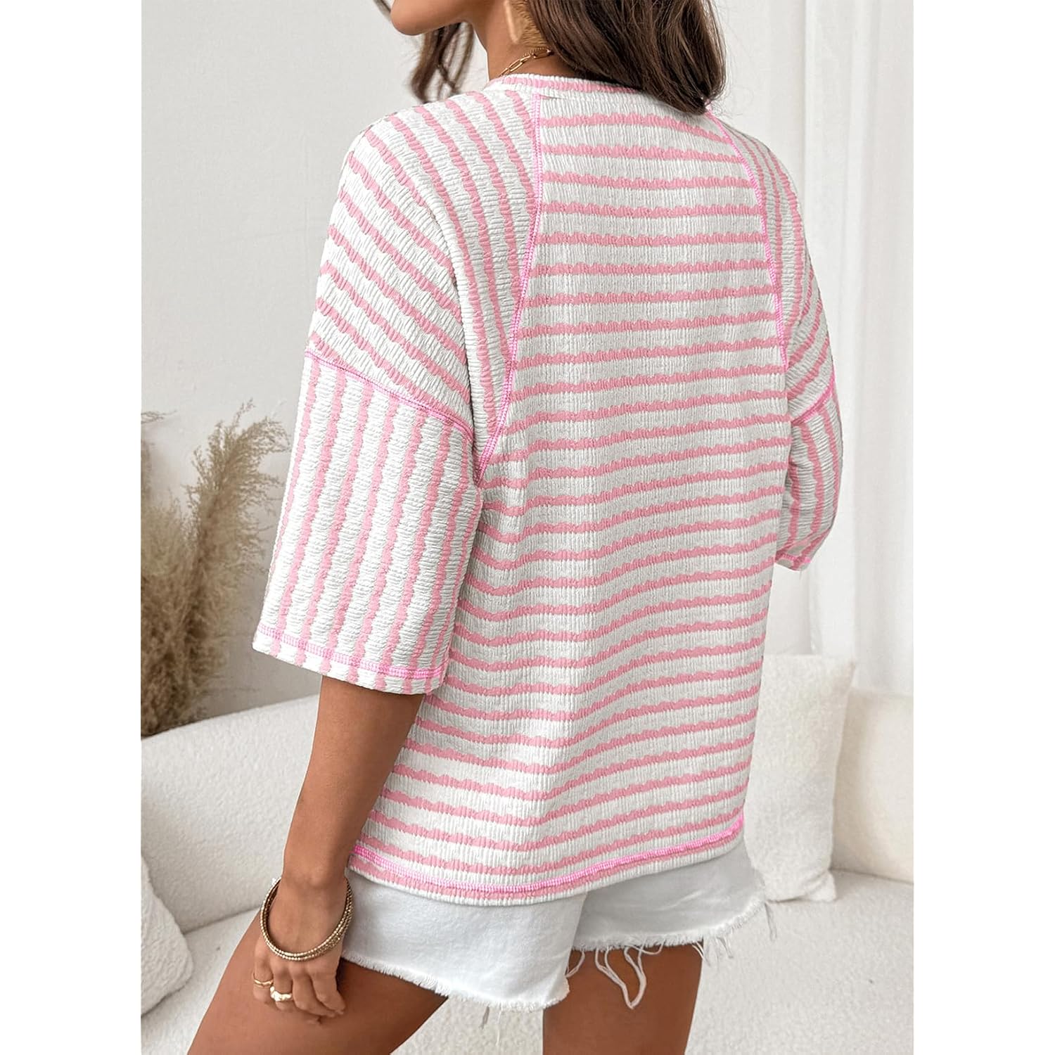 Womens Summer Tops Oversized Tshirts for Women Striped Color Block Short Sleeve T Shirts Crewneck Casual Tee Blouses