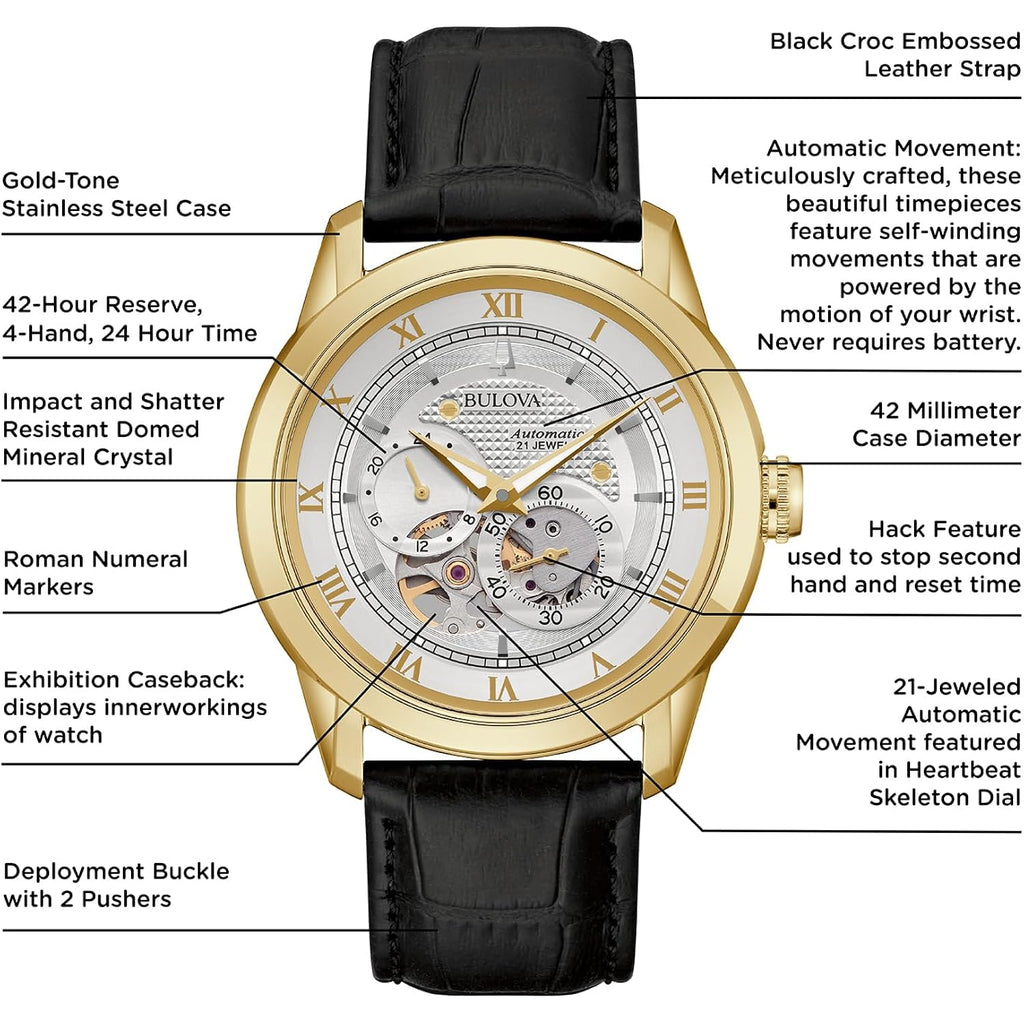Bulova Men'S Classic Sutton 4-Hand Automatic Watch, 24-Hour Sub Dial, Open Aperture, Self-Winding, Exhibition Caseback, Double Curved Mineral Crystal, Luminous Hands, 42Mm
