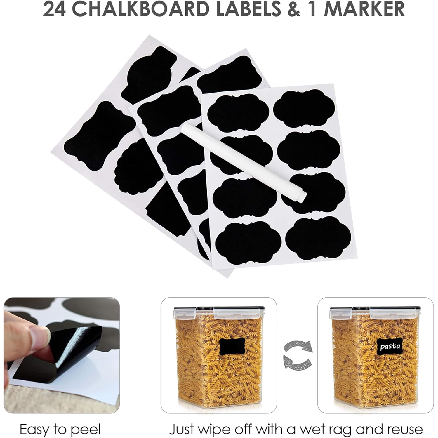 Vtopmart 4 PCS Large Food Storage Containers 5.2L / 175oz, 4 Pieces BPA Free Plastic Airtight Canisters for Flour, Sugar, Baking Supplies, Rice with Lids, 4 Measuring Cups and 24 Labels, Black