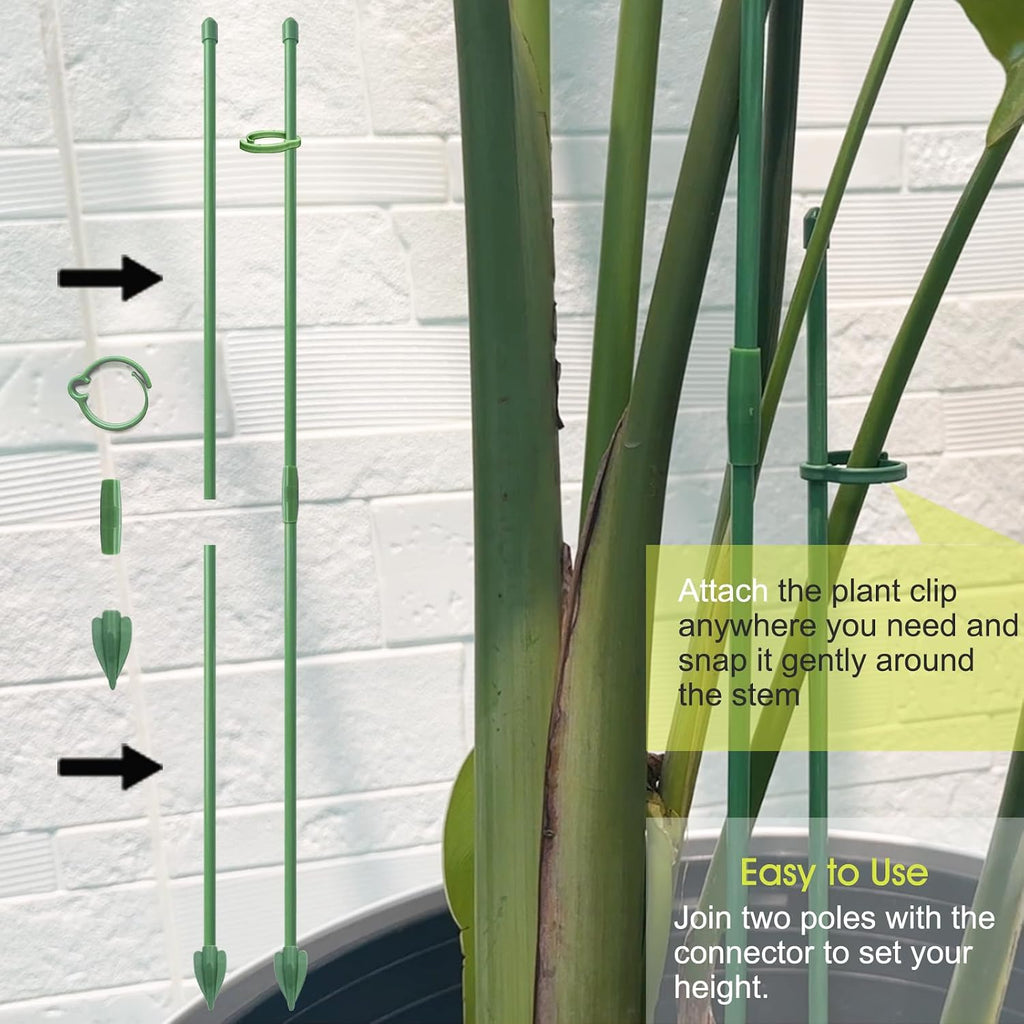 Rifny Plant Stakes For Indoor Plants, 14 Inch Plant Support Stakes With Clips, Tall Adjustable Plant Sticks For Indoor Monstera Tomato Orchid Potted Plants Flower (6 Pcs, Green)