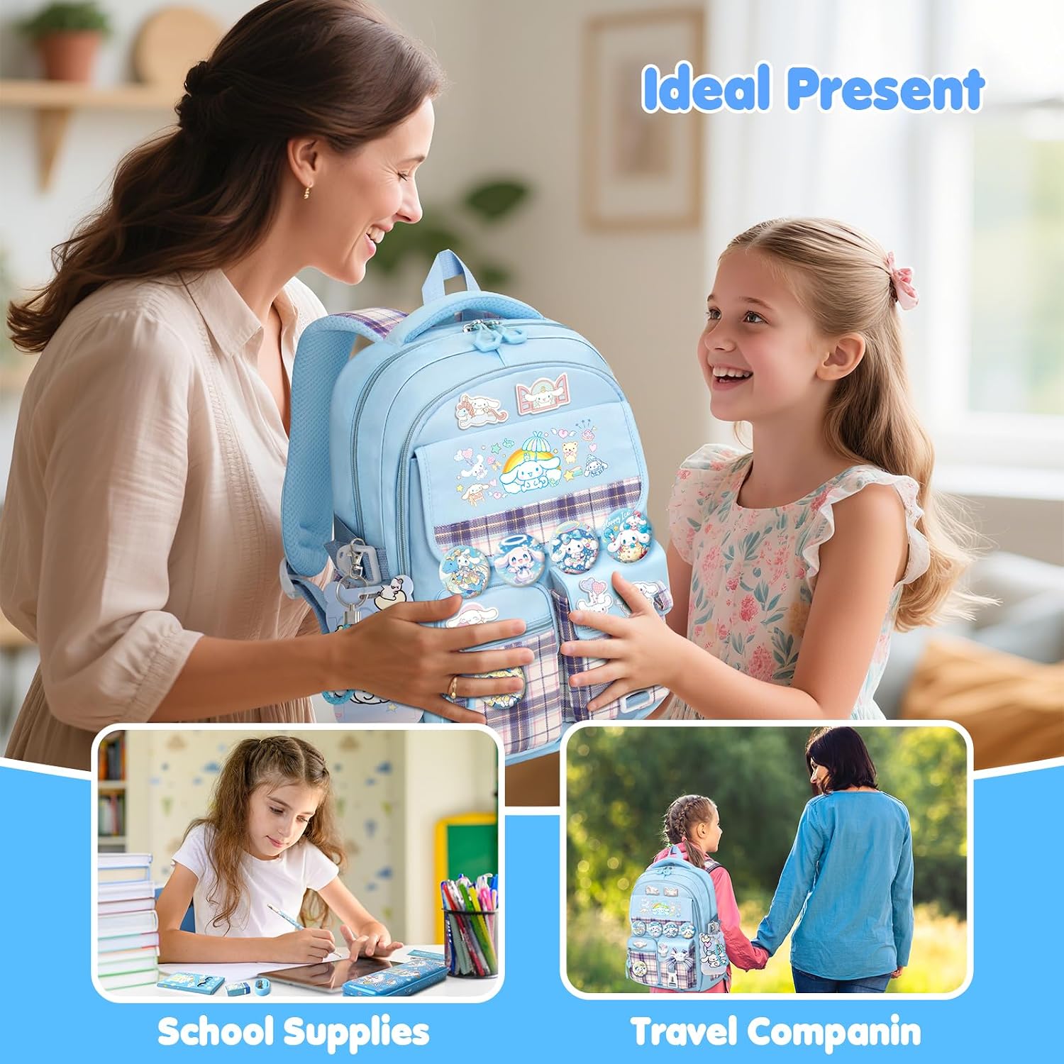 Kieal 16.5/19In School Backpack For Girls With 24Pcs Accessories, Anti-Theft Kids Backpack For Students, New Semester Presents With Pins And Card Holder
