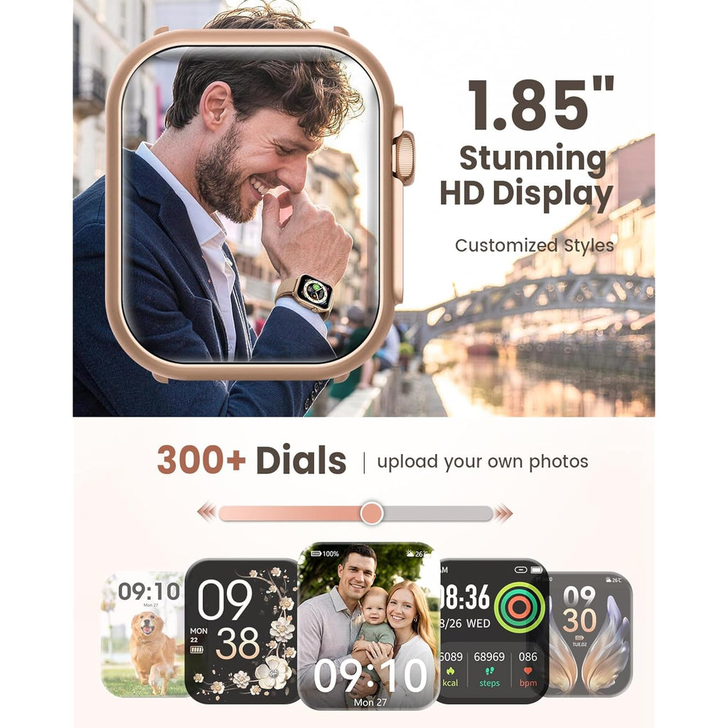 Smart Watch for Women for iPhone Android: 1.85"Smartwatch with Make/Answer Call Sleep Heart Rate SpO2 Blood Pressure Monitor IP68 Waterproof 120+Sport Mode Fitness Tracker 1000mAh Battery 2Bands Pink