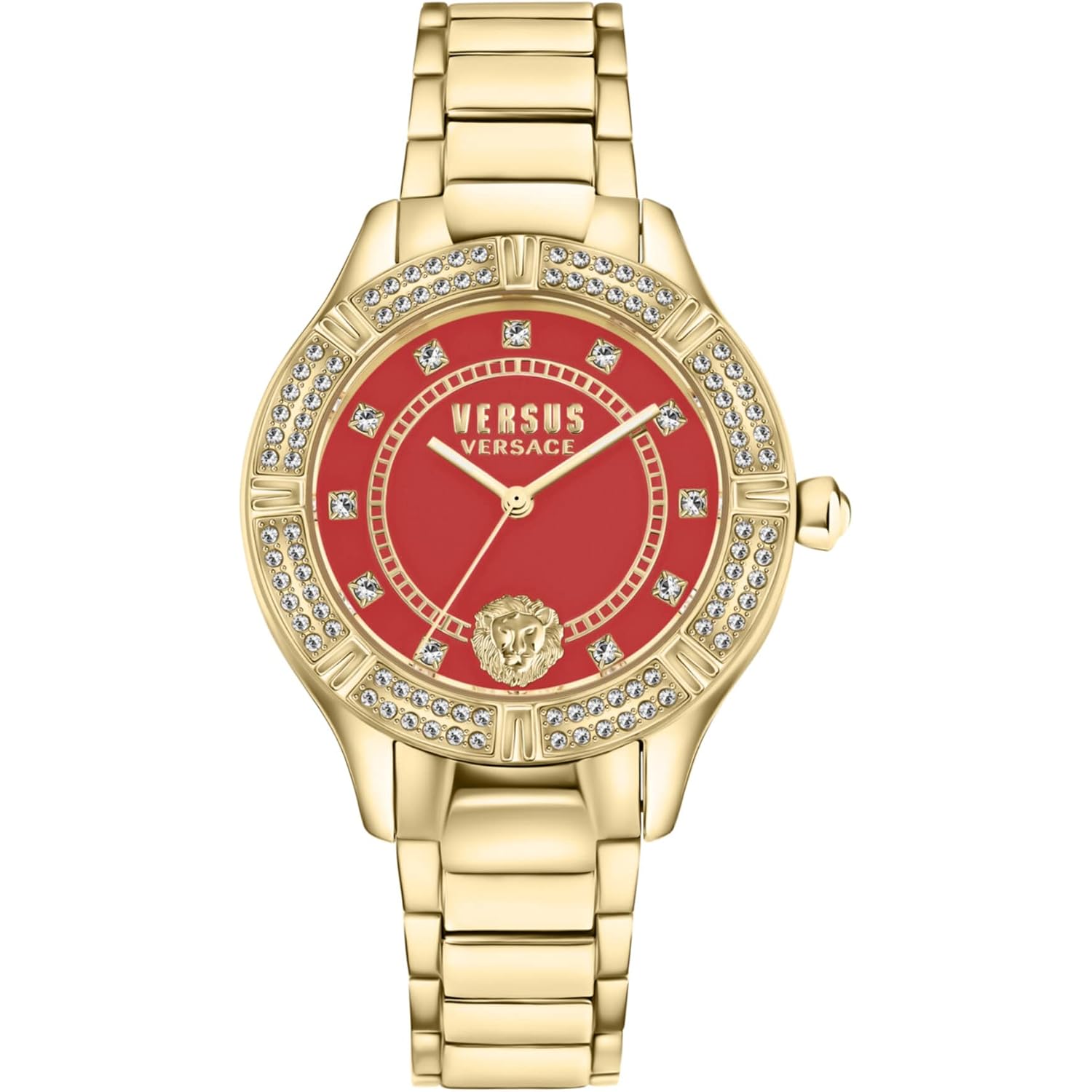 Versus Versace Canton Road Crystal Women'S Watch, 36Mm Ip Yellow Gold Case, Red Enamel Dial, Gold Tone Bracelet, Quartz Movement, Crystal Bezel, 3 Atm Water Resistant