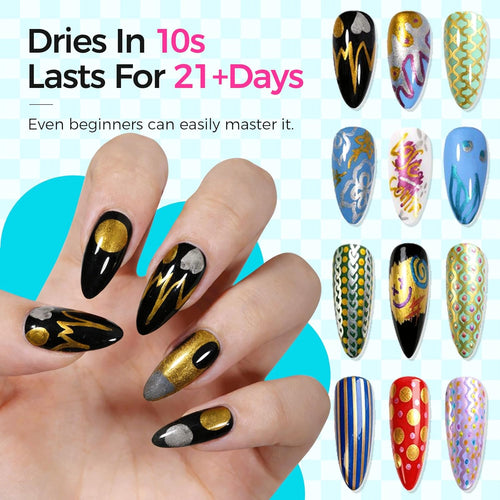 12 Colors Metallic Nail Art Pens Set, 0.5mm Nail Polish Pens Acrylic Paint Markers for Nails, Quick-Drying Glitter Nail Polish Pens for 3D Drawing, DIY Manicure Tools for Home & Salon
