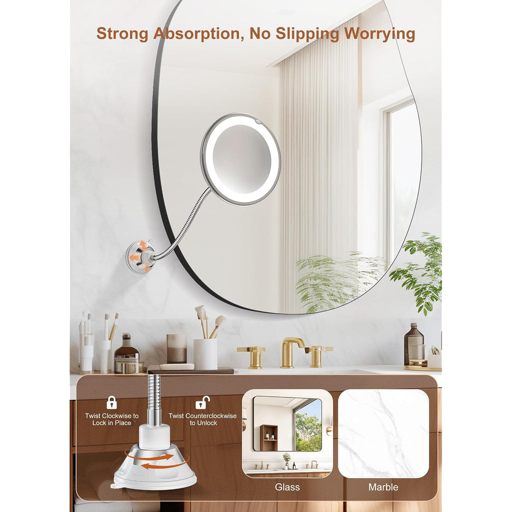 10X Magnifying Mirror With Light, Flexible Gooseneck Travel Make Up Mirror | Wall Mount Mirror With Lights And Magnification, Battery Operated Cordless With Suction Cups For Bathroom Silver 1 Lighting