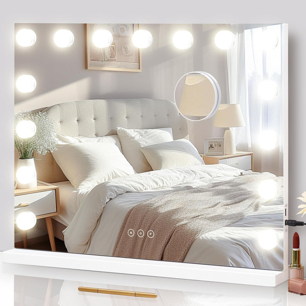 Vanity Mirror With Lights Lighted Makeup Mirror With 15 Dimmable Led Bulbs,3 Color Lighting Modes,Usb Charging Port Touch Control,Sturdy Metal Frame Design 24X18 Inch,White