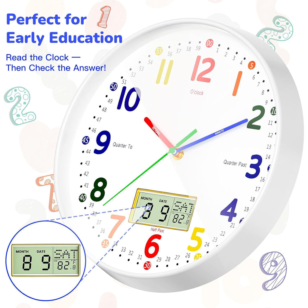 12" Silent Teaching Wall Clock With Lcd Date Weekday Temperature Display – Tempered Glass, Non-Ticking Battery Operated Learning Clock For Kids Room, Classroom, Home Decor