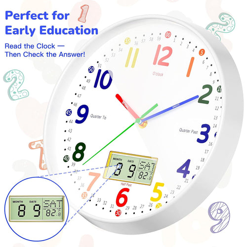 12" Silent Teaching Wall Clock With Lcd Date Weekday Temperature Display – Tempered Glass, Non-Ticking Battery Operated Learning Clock For Kids Room, Classroom, Home Decor