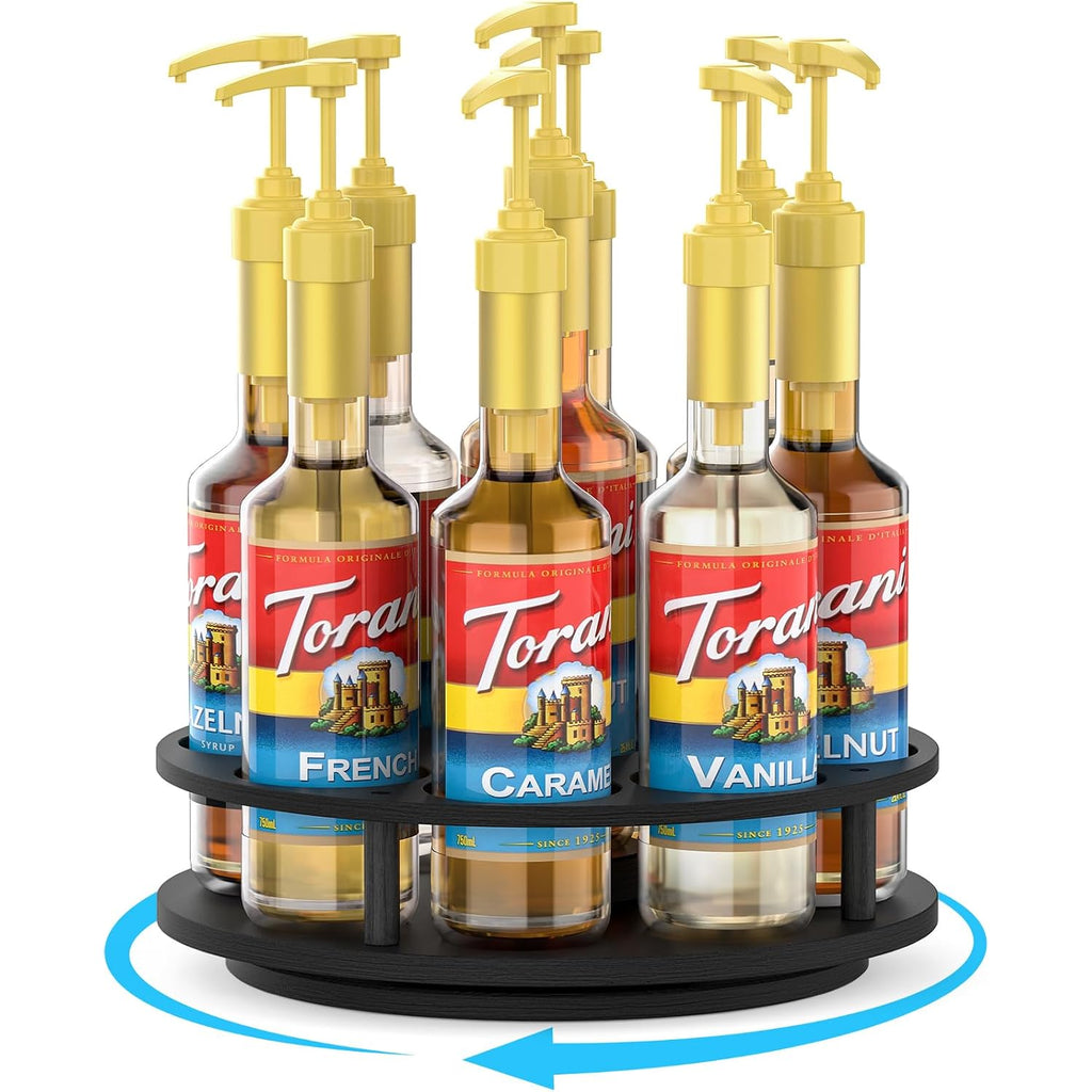 Thygiftree Rotating Coffee Syrup Organizer For Countertop, 9-Bottle Wooden Syrup Rack & Bottle Holder For Coffee Bar Station, Turntable Display Stand, Black