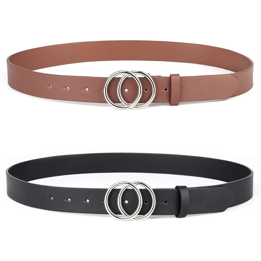 UnFader Pack 2 Women Belts for Jeans with Fashion Double O-Ring Buckle and Faux Leather