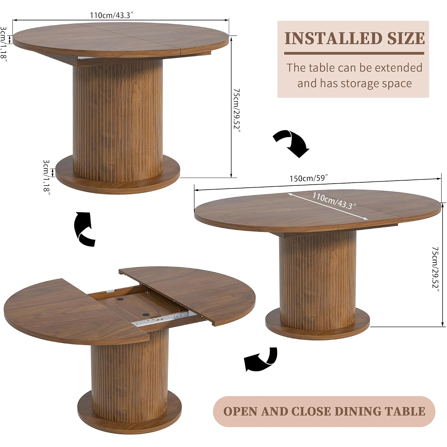 43.3 Inch 59 Inch Adjustable Size Round Dining Table For 4 6, Unique Design Modern Farmhouse Kitchen Table, Circle Dining Tables With Wood Strip Base For Kitchen Living Room (Walnut)