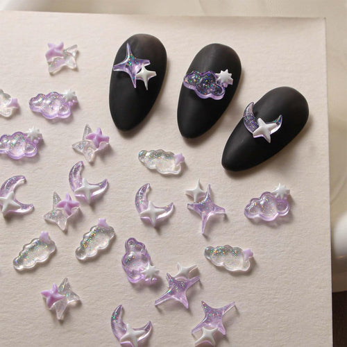 100Pcs Star Nail Charms Purple Nail Art Charms Moon Cloud Design Cute Moon Nail Rhinestone 3D Resin Nails Charms for Women Acrylic Manicure Art Supplies Decoration Accessories