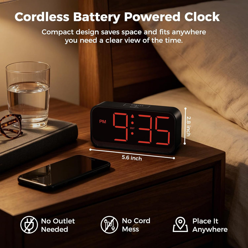 Battery Operated Alarm Clock For Bedroom Travel: Cordless Compact Large Display Digital Clock With Auto Dimming - 4 Dimmers Easy To Use For Adults Seniors Red Digits
