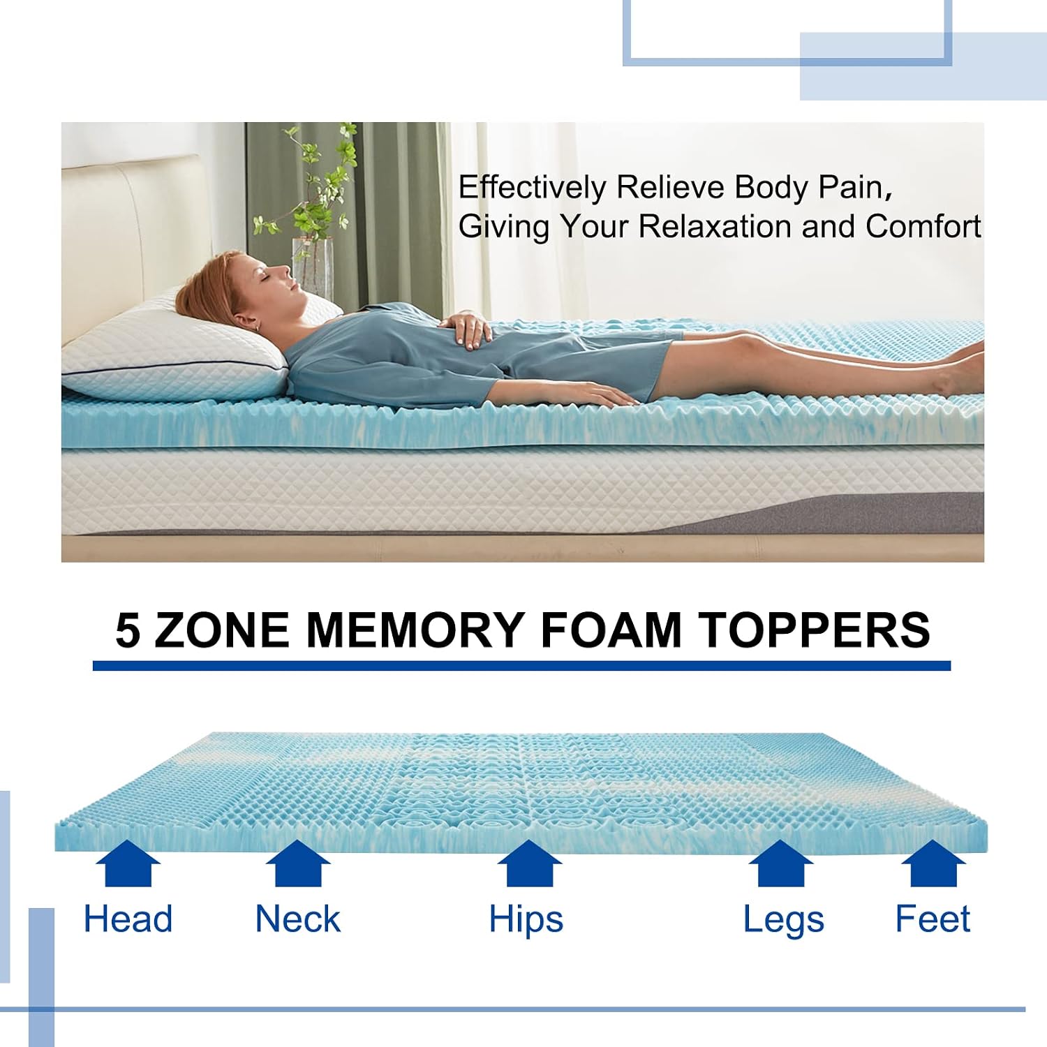 Sinweek 2 Inch Mattress Topper 5-Zone Memory Foam Mattress Topper Pressure Relief Soft Mattress Pad, Certipur-Us Certified, Twin Size Blue
