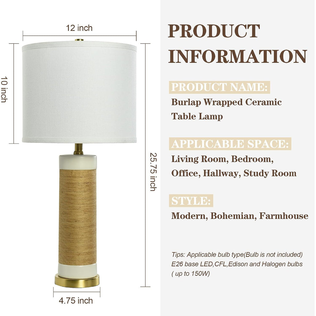 25.75" Rattan Ceramic Table Lamps, Wicker Lamps Set Of 2 For Bedroom, White | Rattan & White Ceramic Lamps, Stable Durable Gold Base, Farmhouse & Boho Home Decor, For Living Room, End Table, Sofa Table