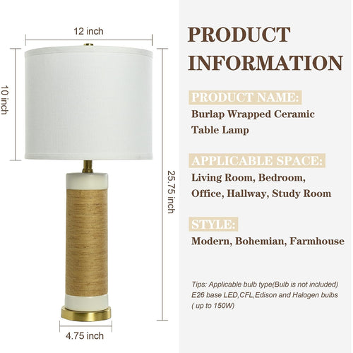 25.75" Rattan Ceramic Table Lamps, Wicker Lamps Set Of 2 For Bedroom, White | Rattan & White Ceramic Lamps, Stable Durable Gold Base, Farmhouse & Boho Home Decor, For Living Room, End Table, Sofa Table