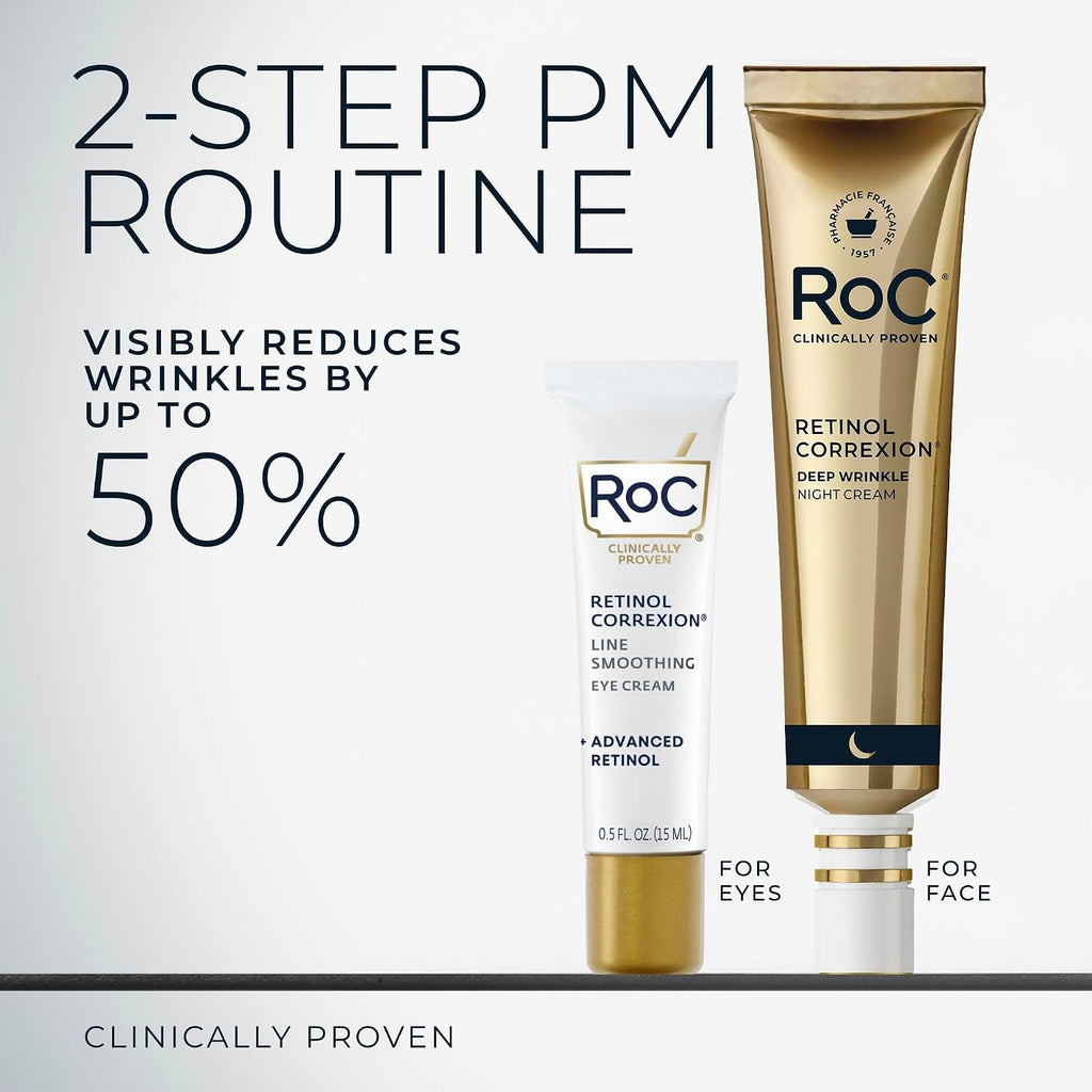 Roc Retinol Correxion Value Set Duo, Deep Wrinkle Anti-Aging Night Face Cream + Under Eye Cream For Dark Circles & Puffiness - Retinol Eye Care