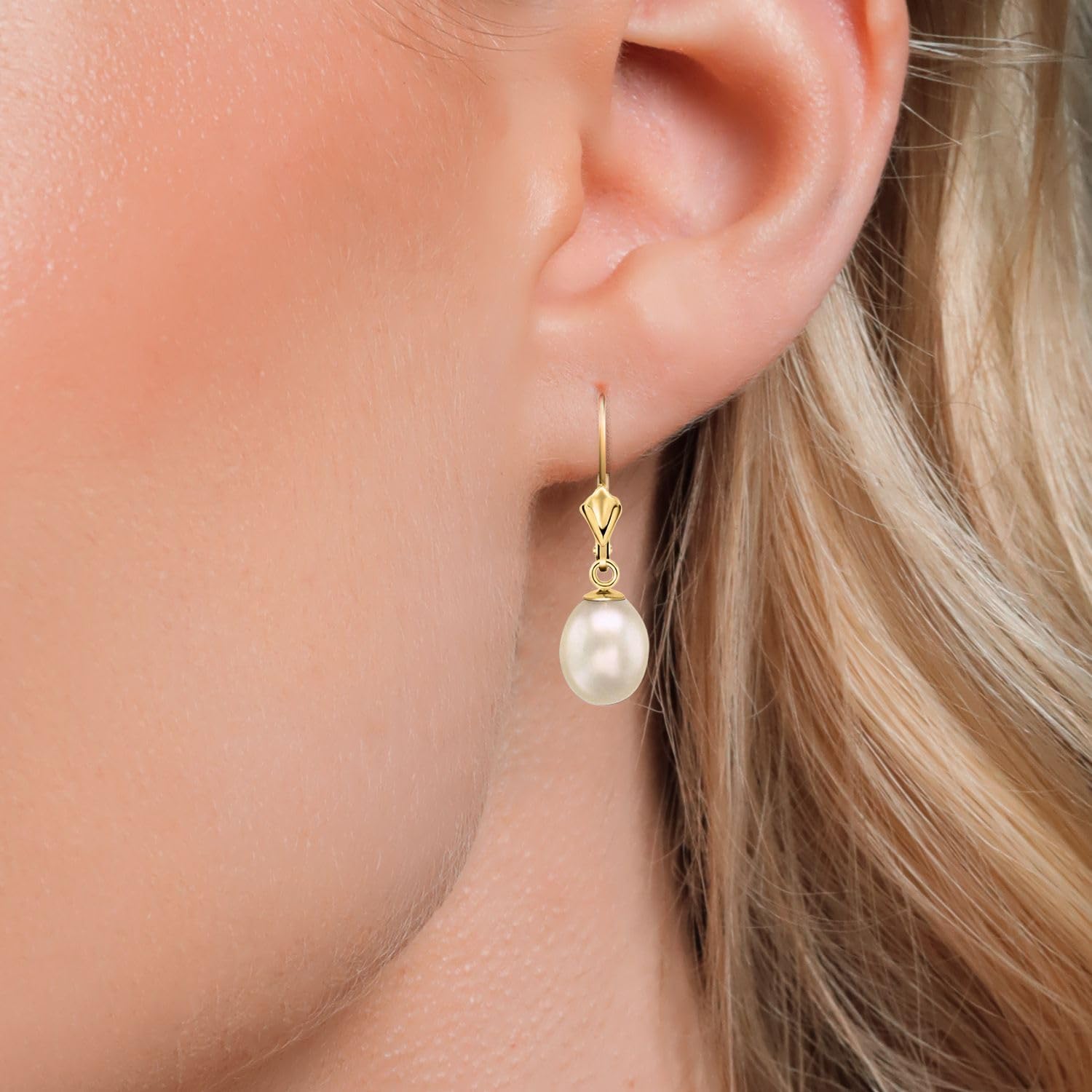Gem Stone King 14K Gold 9MM Cultured Freshwater Pearl Dangle Earrings For Women | Leverback Gold Drop Earrings | Fine Jewelry Gifts for Women Her Mom Wife