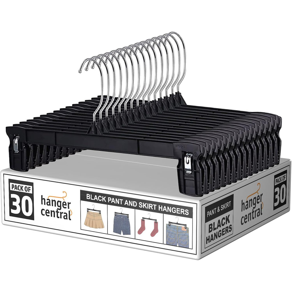 12 Inch 30 Pack Pants Hangers Slim Plastic Clothes Hangers With Clips For Skirts, Shorts & Trousers – Non Slip Grip, Heavy Duty Space Saver With Swivel Hook – Black Closet Organizer