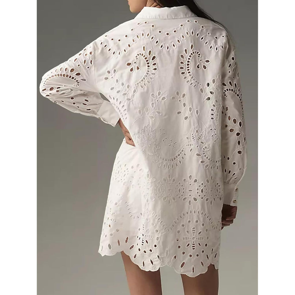 Chartou Women Eyelet Lace Dress Button Down Shirt Loose Fit Summer Casual Mini Dress