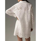 Chartou Women Eyelet Lace Dress Button Down Shirt Loose Fit Summer Casual Mini Dress