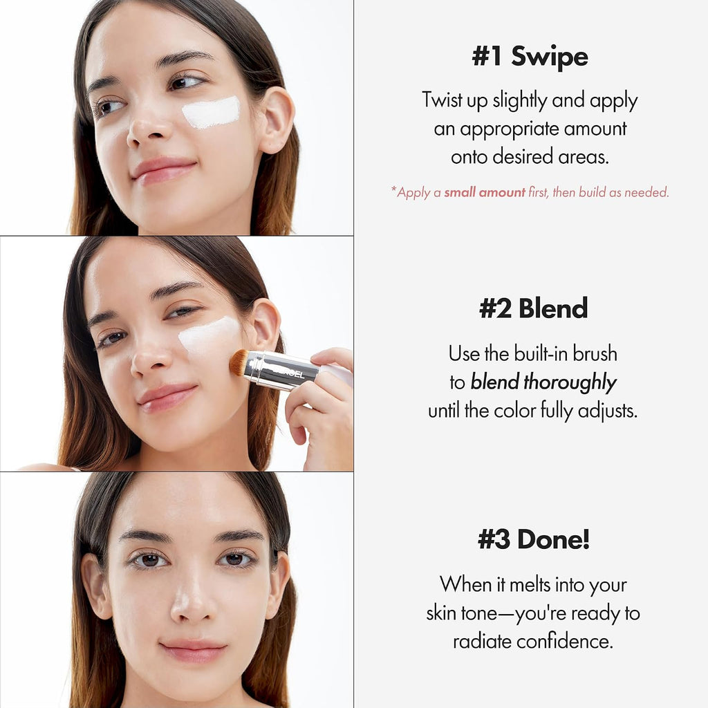 Elroel Blanc Cover Cream Stick V White - Korean Color-Changing Foundation Stick With Volufiline - Medium To Full Coverage Dewy Finish Base Makeup - Dual-Ended With Detachable Brush (202 Natural)