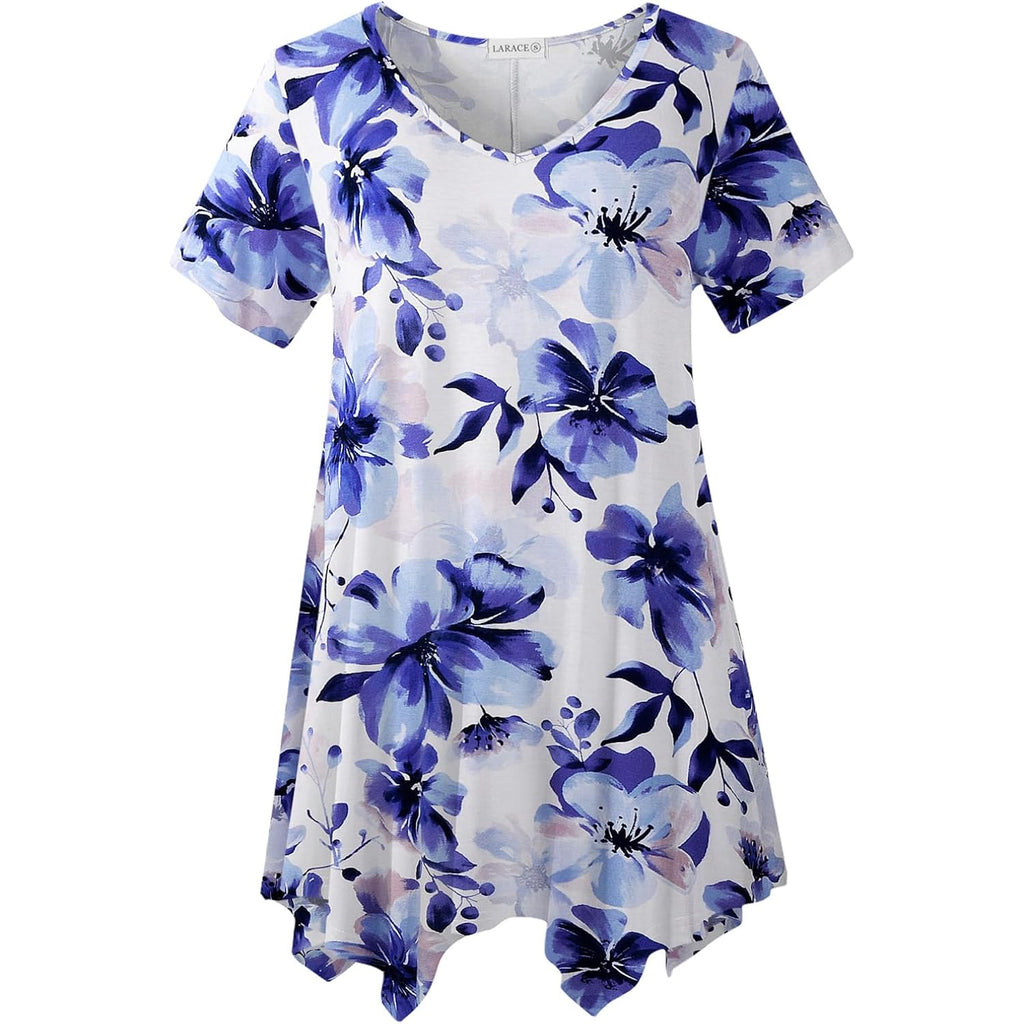 Larace Plus Size Tops For Womens Summer Clothes Short Sleeve Shirts Casual V Neck Tunic Asymmetrical Blouses