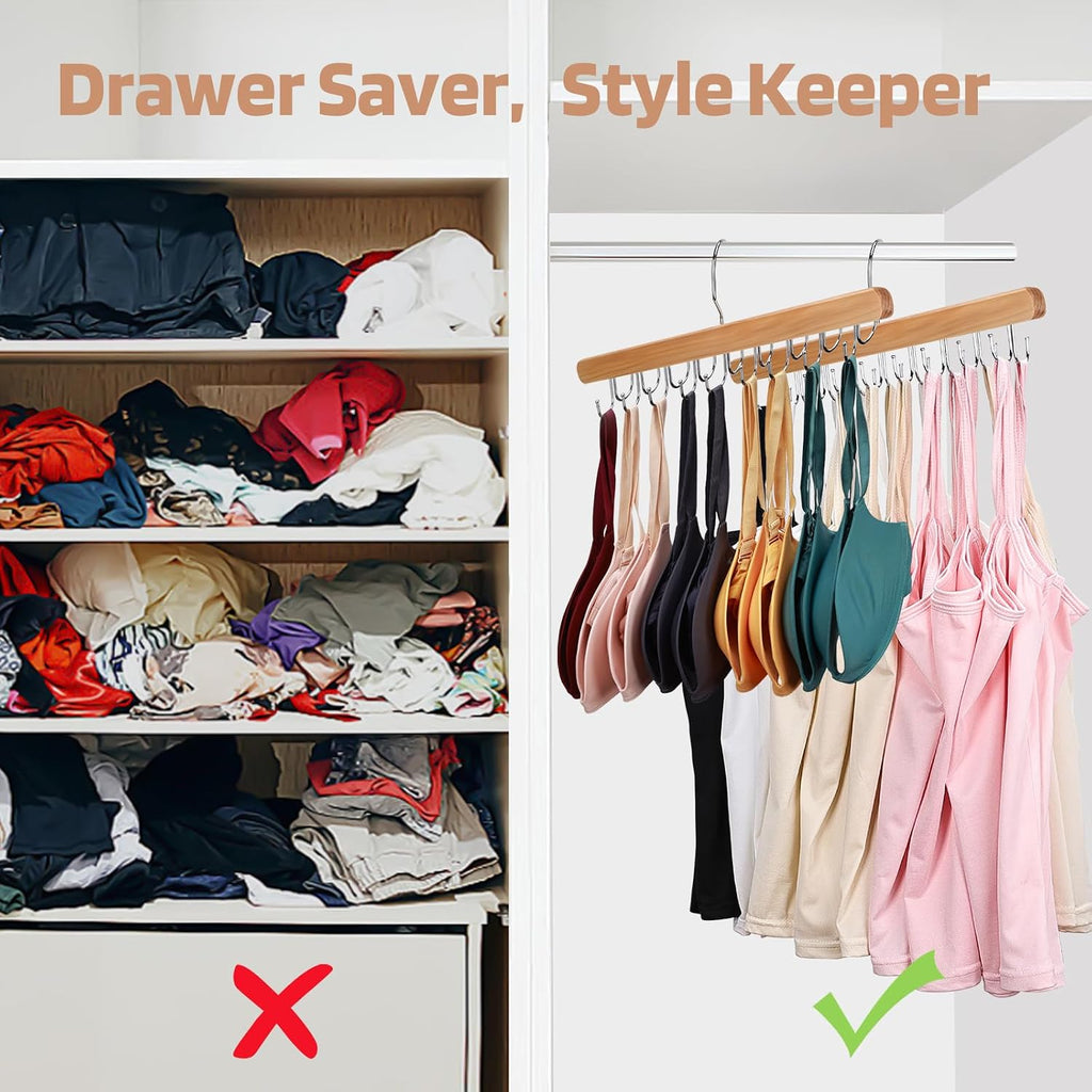 Necamocu 2 Pack Bra Hanger For Closet Organizer, Premium Tank Top Hangers | Wooden Bra Holder With 36 Foldable Hooks, 360° Rotating Design, Space Saving Storage For Tank Tops, Bras, Belts, And More