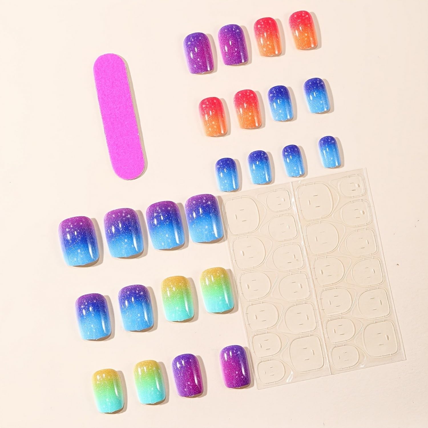 Rainbow Gradient Press on Nails Glossy Colorful Stick on Nail Full Cover Short Square Shape Fake Nails with White Dot Designs Acrylic False Nails for Women DIY Manicure Decorations 24 Pcs
