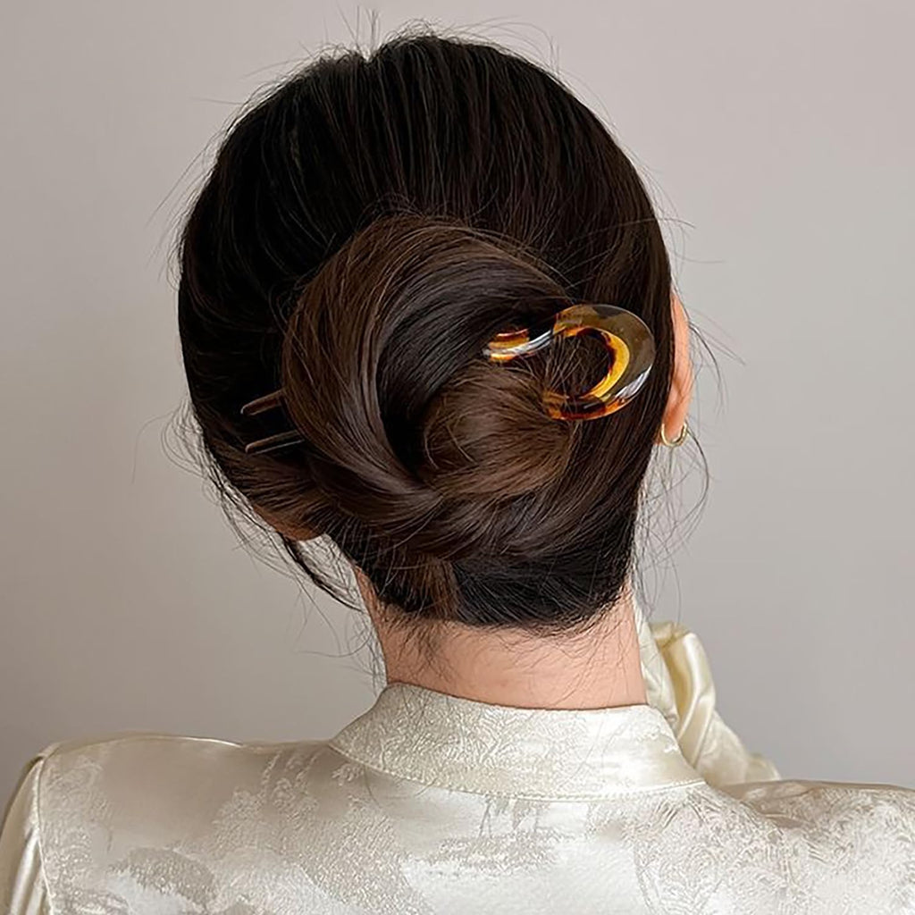 French Twist Stick Hair Fork, 4PCS Wavy U Shaped Hair Pin Clip for Spiral Updo Bun, Tortoise Shell, Fashion Flexible Durable Styling Hair Accessories for Women (Green, Black, Brown, Leopard Print)